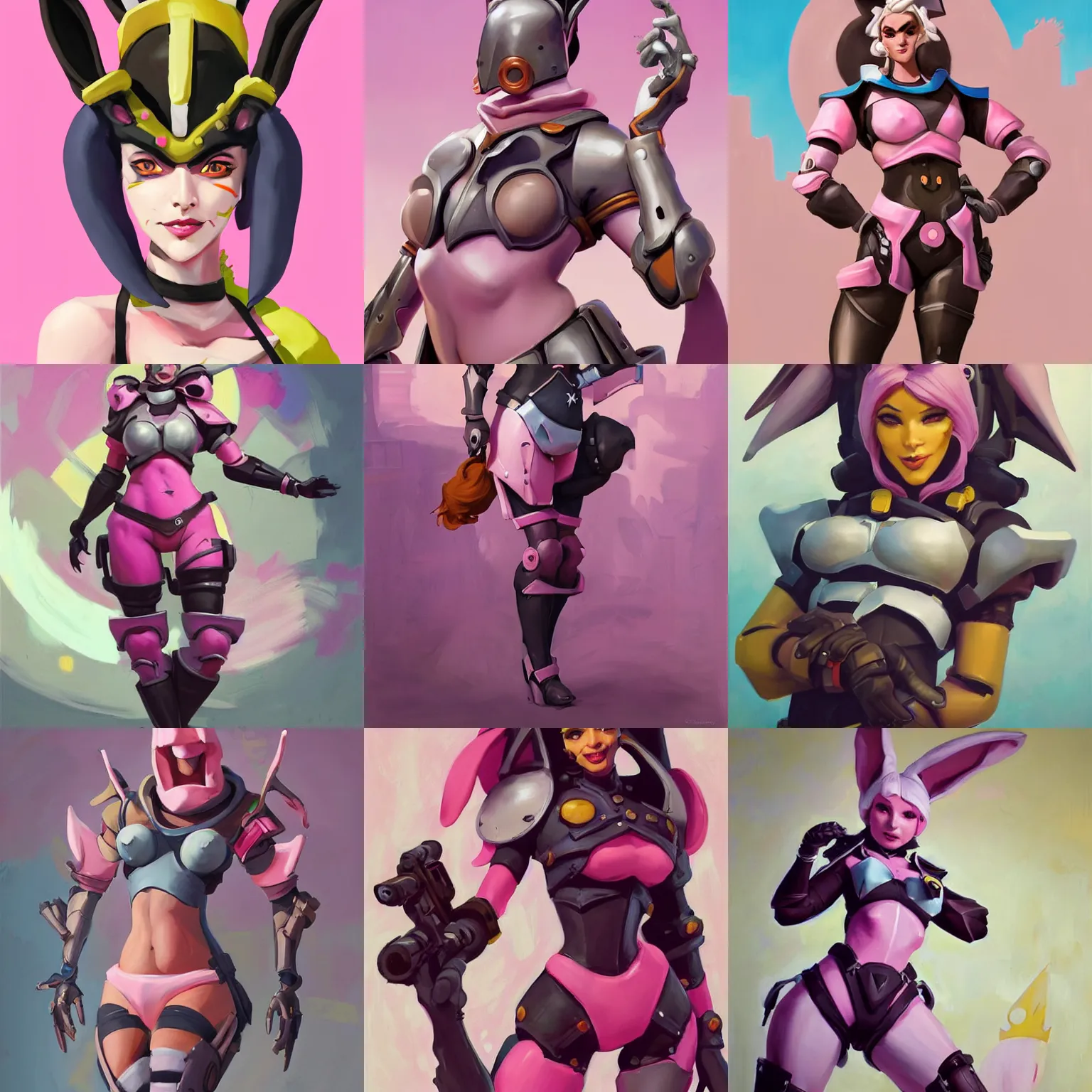 Prompt: cartoony, happy Greg Manchess portrait painting of a rabbit woman character from overwatch, armor, pink color scheme design, full shot, asymmetrical, splashscreen, Organic Painting, sunny day, Matte Painting, bold shapes, hard edges, cybernetic, moon in background, street art, trending on artstation, by Huang Guangjian and Gil Elvgren and Sachin Teng