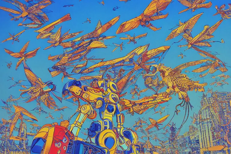 Image similar to gigantic mecha arzach birds with dragonflies, tiny rats, a lot of exotic animals around, big human faces everywhere, helicopters and tremendous birds, risograph drawing by satoshi kon and moebius, matte summer blue colors, surreal psychedelic design, 4 k