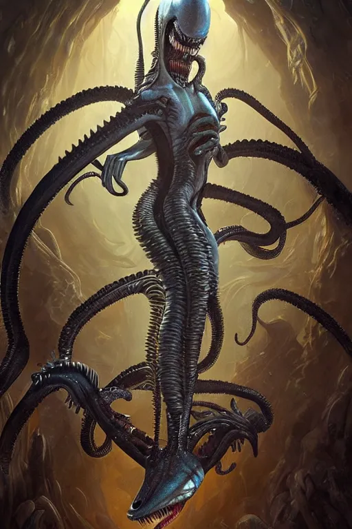 Image similar to underwater xenomorph alien mixed with sharks extra teeth, tentacles, labyrinth, highly detailed, digital painting, artstation, concept art, smooth, sharp focus, illustration, unreal engine 5, 8 k, art by artgerm and greg rutkowski and alphonse mucha and ifbb pro fitness photograph, giger