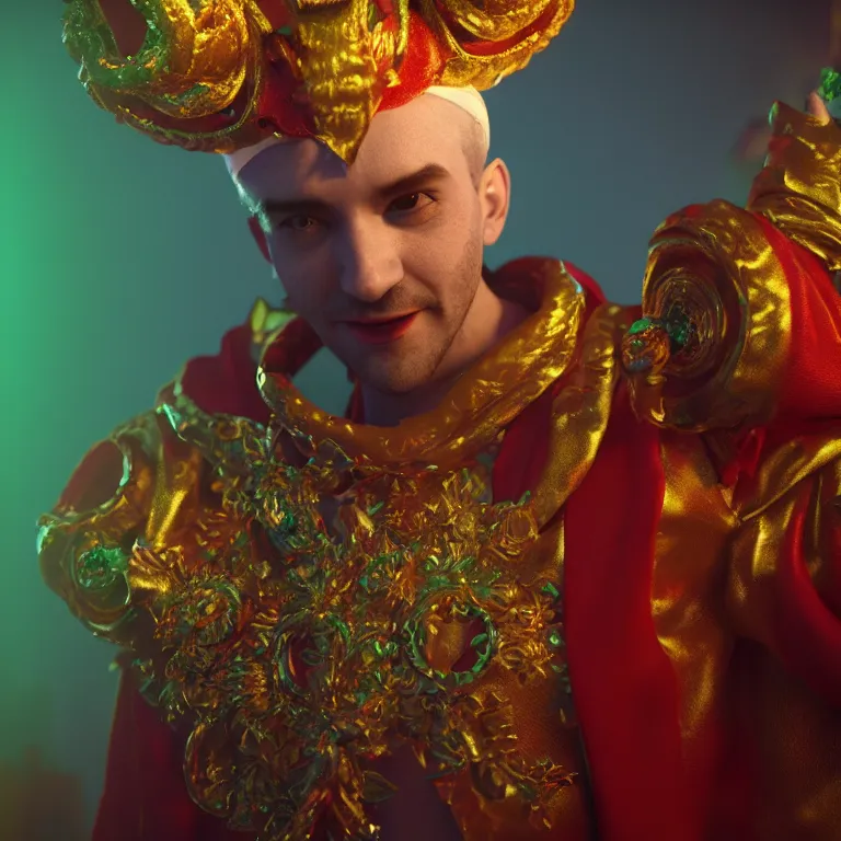 Prompt: a cinematic shot of man wearing jester harlqequin fool costume, colorful, octane render, volumetric lighting, nvidia raytracing demo, by Andy Thomas, Mario Martinez, Daniel Mirante, Gustave Dore, Artstation, CGsociety, masterpiece