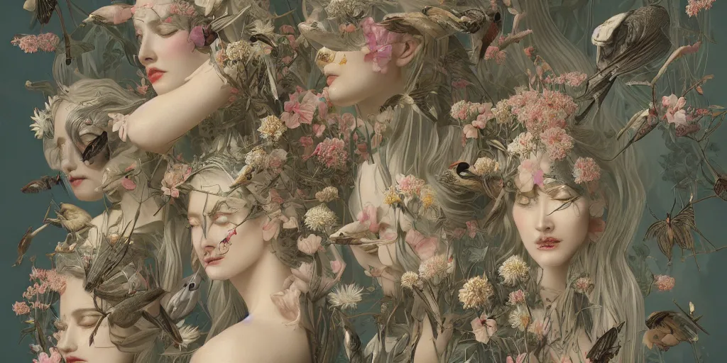 Image similar to breathtaking detailed concept art painting art deco pattern of blonde faces goddesses amalmation insects with anxious piercing eyes and blend of flowers and birds, by hsiao - ron cheng and john james audubon, bizarre compositions, exquisite detail, extremely moody lighting, 8 k