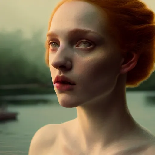 Image similar to photographic portrait of a stunningly beautiful english renaissance fighting female in soft dreamy light at sunset, beside the river, soft focus, contemporary fashion shoot, in a denis villeneuve and tim burton movie, by edward robert hughes, annie leibovitz and steve mccurry, david lazar, jimmy nelsson, extremely detailed, breathtaking, hyperrealistic, perfect face, octane render