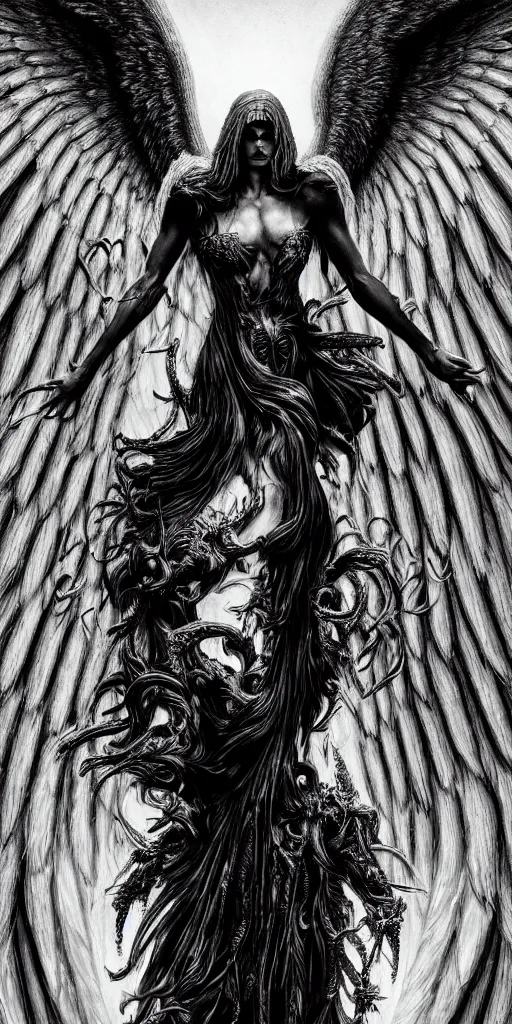 Image similar to hyper detailed ultra sharp of a beautiful azazello is one of the demonic and mystical characters in the work, a negative character in biblical stories, a fallen angel who opposed the will of god. trending on artstation, golden, delicate, facing camera, hyper realism, 1 4 5 0, ink, ultra realistic, 8 k