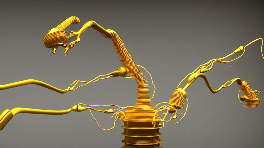 Image similar to a complex bifurcated robotic cnc surgical arm hybrid 3 d printer machine making organic ceramic kintsugi mandlebulb forms in the laboratory room, very thin gold wire, film still from the movie directed by denis villeneuve with art direction by salvador dali, wide lens, f 3 2, cinematic lighting, studio quality, smooth render, unreal engine 5 rendered, octane rendered