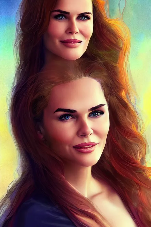 Image similar to mix of beautiful young maria shriver, mariel hemmingway, brooke shields, nicole kidman and elle macpherson as a mermaid, thin lips, hair tied up in a pony tail, dark hair, colorful, artstation, cgsociety