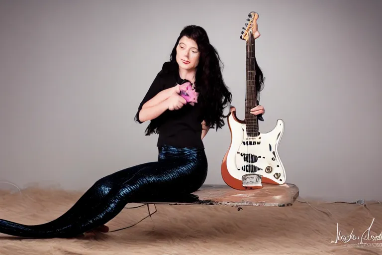 Image similar to mermaid playing an stratocaster electric guitar, photo, studio lighting