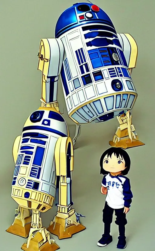 Image similar to R2-D2 and C-3PO, anime, style of studio ghibli,