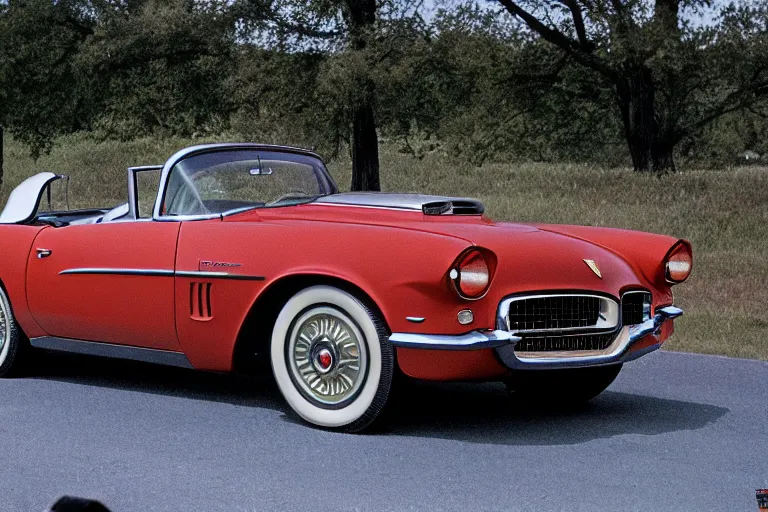 Image similar to 1955 Pontiac Firebird, movie still, speed, cinematic Eastman 5384 film