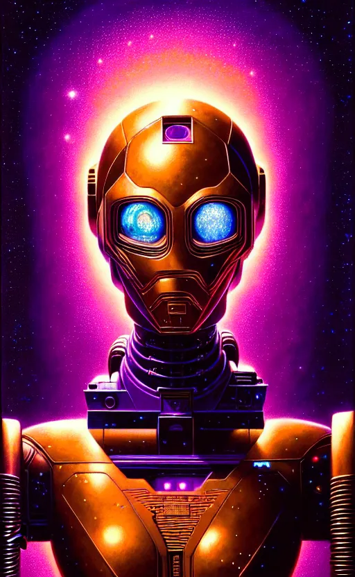 Prompt: young female battle robot, award winning, portrait bust, symmetry, faded lsd colors, galaxy background, tim hildebrandt, wayne barlowe, bruce pennington, donato giancola, larry elmore, masterpiece, trending on artstation, cinematic composition, beautiful lighting, hyper detailed!!!, 8 k, oil on canvas