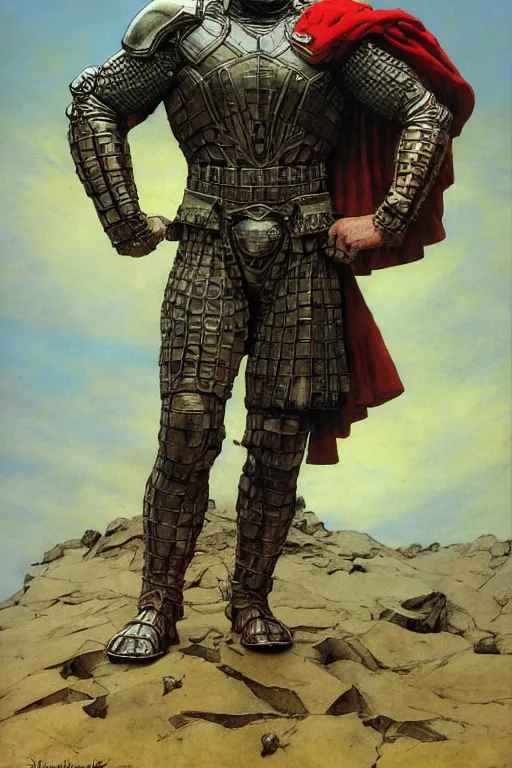 Image similar to head and torso portrait of jocko willink as huge armoured warrior wearing a cape in the style of marvel's jack kirby, dynamic action, by lawrence alma tadema and zdzislaw beksinski and norman rockwell and tom lovell and greg staples and john william waterhouse