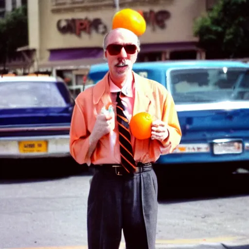 Prompt: hugh hopper holding an orange and a diet pepsi sitting on a street corner