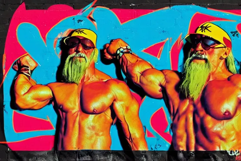 Prompt: psychedelic hulk hogan flexing, propaganda, graffiti, minimalist