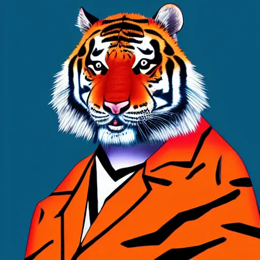 Image similar to A tiger in a lab coat with a 1980s Miami vibe, turning a well oiled science content machine, digital art