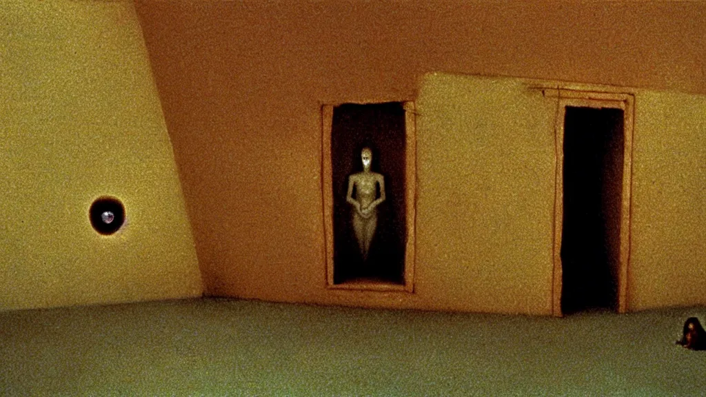 Image similar to the strange creature in the box in the attic, they look at me, film still from the movie directed by wes anderson and david cronenberg with art direction by salvador dali and zdzisław beksinski, wide lens