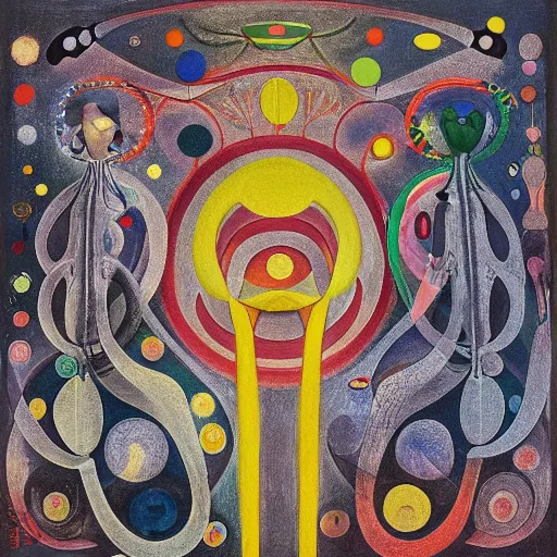 Prompt: interdimensional machine elves, painted by alex grey and hilma af klint and joan miro