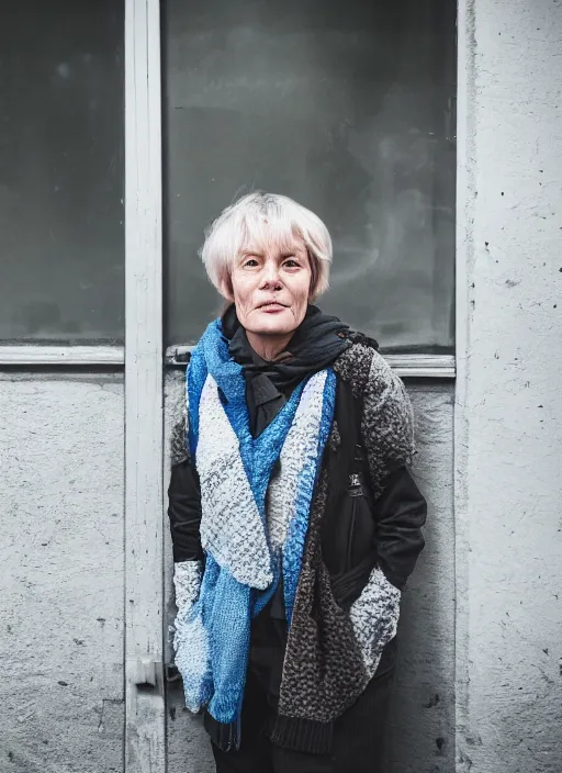 Image similar to color medium shot portrait of 50-year-old woman from Norway with short hair, candid street portrait in the style of Rehahn award winning, Sony a7R