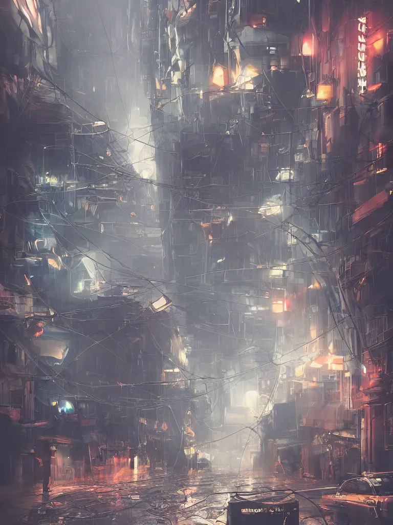 Image similar to futuristic dieselpunk street, hanging cables, narrow, garbage on the ground. rain. fog, haze, evening. led screens. golden hour. the very low point of view. close to the ground. volumetric lighting. cables on the ground. very messy. futuristic. photorealistic. artstation. anime. studio gimbli style