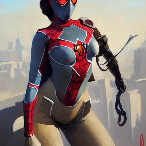 Image similar to greg manchess portrait painting of partially armored female spiderman as overwatch character, medium shot, asymmetrical, profile picture, organic painting, sunny day, matte painting, bold shapes, hard edges, street art, trending on artstation, by huang guangjian, gil elvgren, ruan jia, greg rutkowski, gaston bussiere