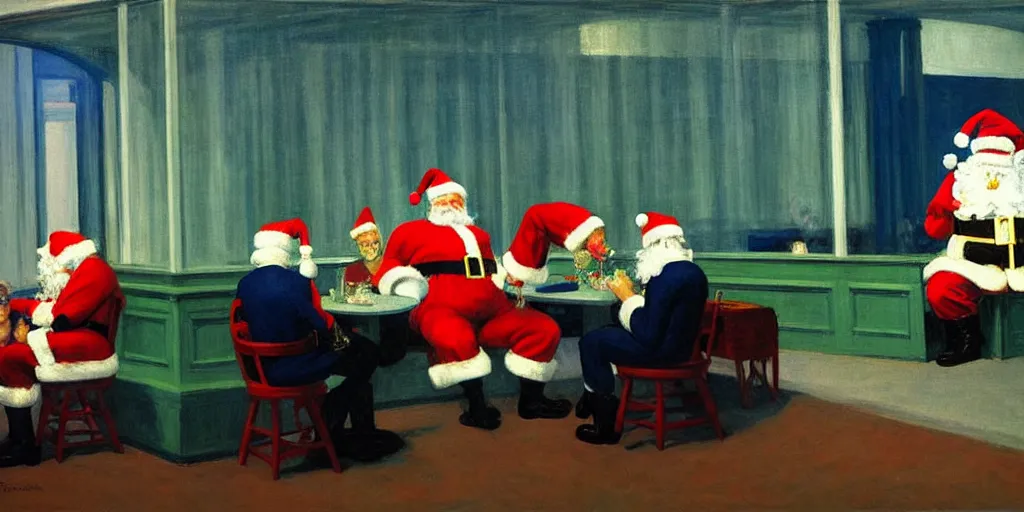 Image similar to santa claus in the painting nighthawks by edward hopper with