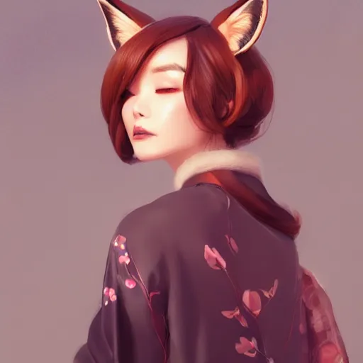 Image similar to A potrait of a beautiful, shapely woman with fox ears wearing a modest kimono, digital painting, by Stanley Artgerm Lau, WLOP, Rossdraws, LeraPi, and Sakimichan, digtial painting, trending on ArtStation, deviantart, SFW version