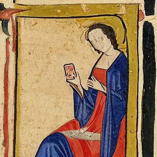 Image similar to medieval painting of the devil tempting a woman checking her iphone, ink and dye on parchment