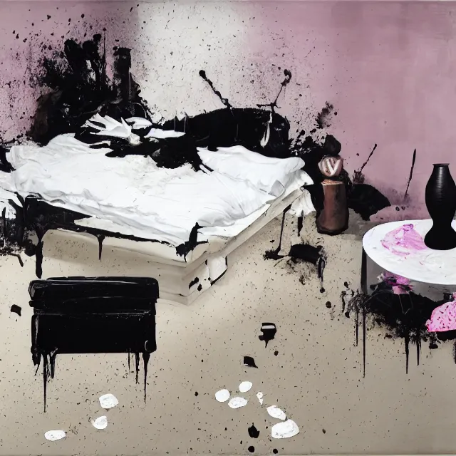 Image similar to bedroom with black walls and a futon, sensual portrait of a woman sleeping, cracked handmade pottery vase, torn paper smouldering smoke, candles, white flowers on the floor, puddle of water, octopus, squashed berries, surrealism, acrylic and spray paint and oilstick on canvas