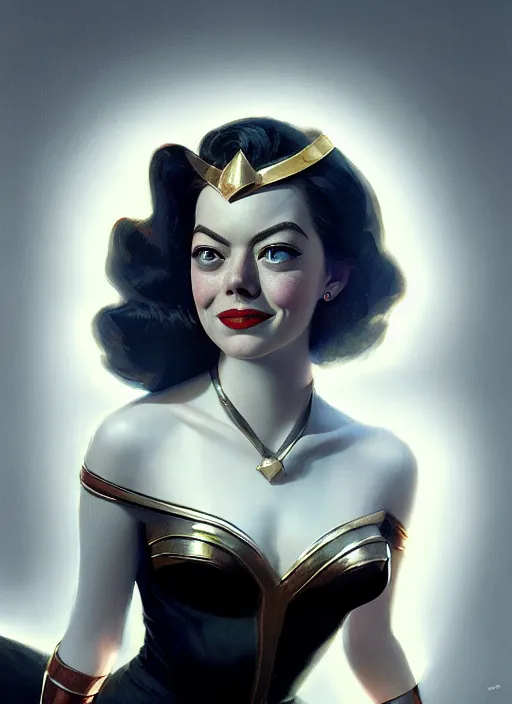 Image similar to portrait of 1 9 5 0 s darna, young emma stone, intricate, elegant, glowing lights, highly detailed, digital painting, artstation, glamor pose, concept art, smooth, sharp focus, illustration, art by wlop, mars ravelo and greg rutkowski