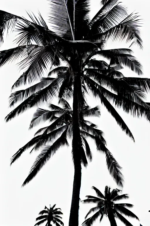 Prompt: palm tree, high details, bold lineart, by vincent di fate, inking, black and white screen print, trending on artstation, sharp, high contrast, hyper - detailed, photo realism, hd, 4 k, 8 k