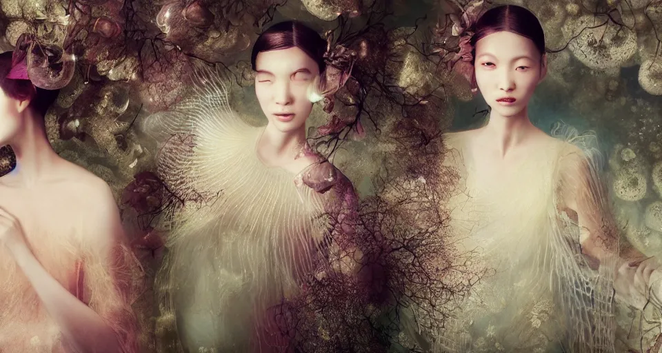 Image similar to closeup shot of asian female wearing a luminous soft fragile jelly fish dress, by ray caesar, by louise dahl wolfe, by andrea kowch, by anna claren, surreal photography