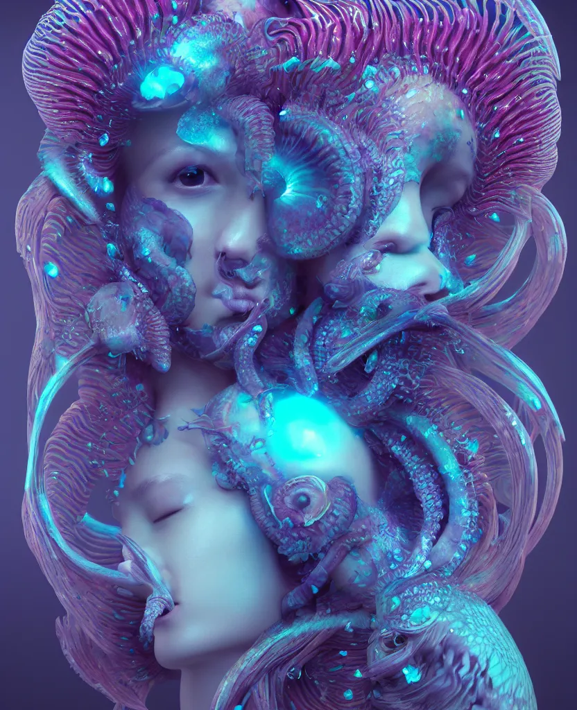 Image similar to goddess close-up face portrait. chimera orchid jellyfish phoenix head, nautilus, skull, betta fish, bioluminiscent creatures, intricate artwork by Tooth Wu and wlop and beeple. octane render, trending on artstation, greg rutkowski very coherent symmetrical artwork. cinematic, hyper realism, high detail, octane render, 8k