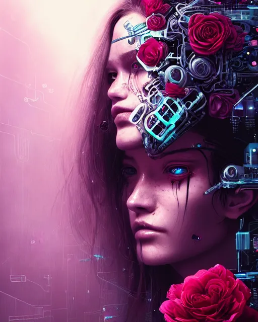 Image similar to portrait of a female face with roses instead of eyes, cyberpunk cyborg. roses, sci - fi, intricate abstract upper body intricate artwork, by tooth wu, wlop, beeple, dan mumford. concept art, octane render, deviantart, greg rutkowski, cinematic arthouse, key art, hyper realism, iridescent accents