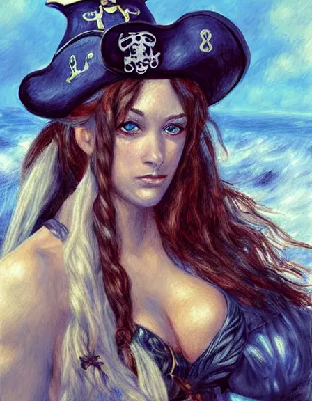 Image similar to couple. fully clothed armed female pirate captain with a male pirate partner, sun, summer, blue eyes, beauty, wisdom, love, strength, knowledge, smart, portrait, symmetrical, highly detailed, digital painting, artstation, smooth, sharp focus, illustration, strength, art by artgerm, renoir and louis theophile hingre. 8 k