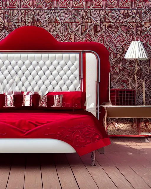 Prompt: art deco bed, red and white, ultra detail, photoreal, professionally retouched, wide angle, 8 k high definition, insanely detailed, intricate, elegant, art by artgerm and wlop