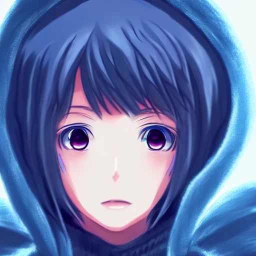 Image similar to advanced anime character art render, beautiful anime girl wearing a whale skin hoodie outfit ,blue watery eyes, close up , Rossdraws, WLOP , Sakimimichan