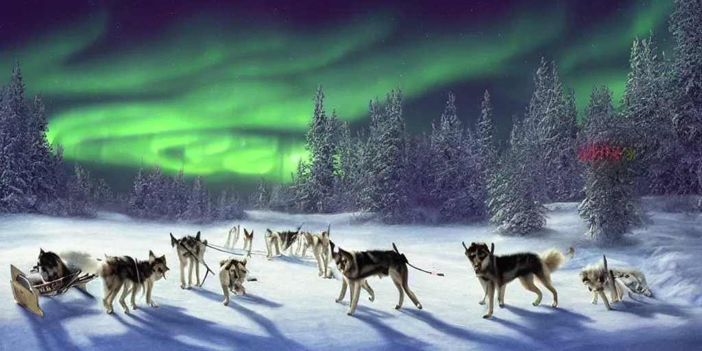 Image similar to a winter scene at night, northern lights, dog sled team, matte painting, high quality, trending on artstation