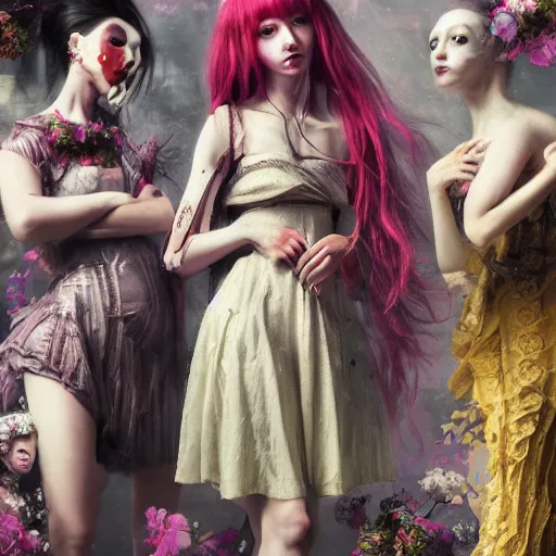 Image similar to 8k, octane render, cyberpunk painting, realism, tonalism, renaissance, rococo, baroque, group of creepy young ladies wearing long harajuku manga dress with flowers and skulls, background chaotic flowers