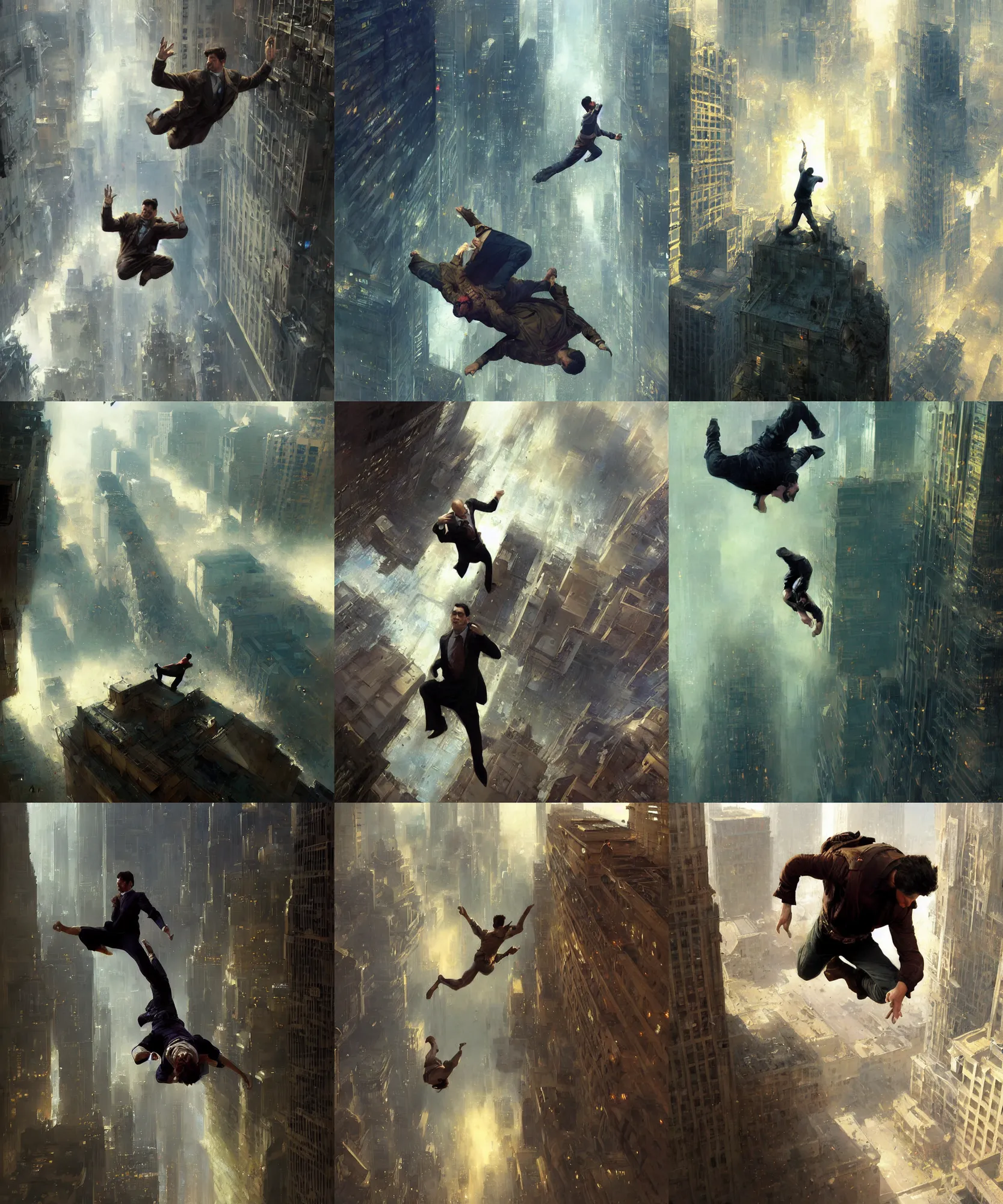 Prompt: digital art painting of a man falling from a skyscraper, still in the middle of the air, cinematic scene painted by craig mullins and gaston bussiere and greg rutkowski, symmetrical face, defined facial features, symmetrical facial features, dramatic lighting, close up