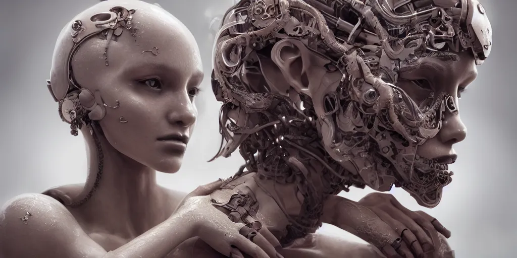 Image similar to hyper realistic photography of a stunningly beautiful cyborg female, elbow, intimate, holding close, in the style of beth cavener, jin kagetsu, wlop, highly detailed, intricate filigree, symmetry, masterpiece,, concept art, highkey lighting, ambient lighting, octane render, 8 k, artstation