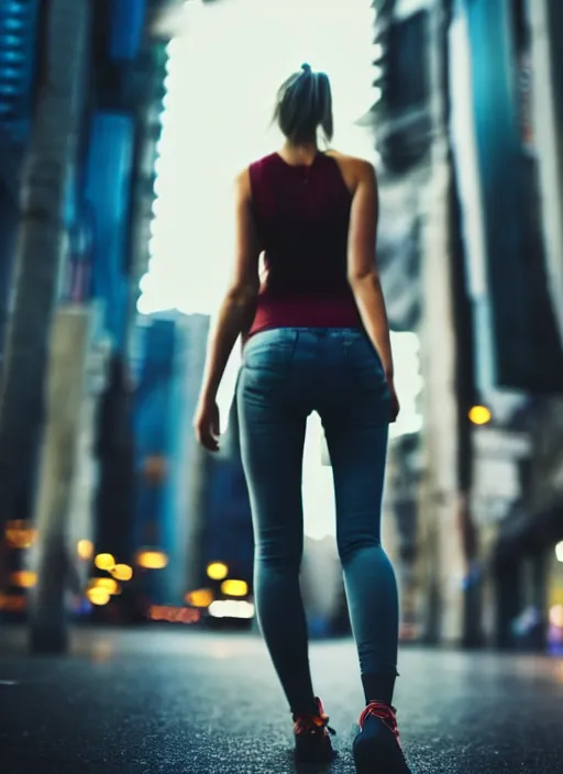 Image similar to beautiful photo of a beautiful woman walking through a ( ( ( cyberpunk city ) ) ), full body, hyper realistic, 8 k, dslr, 3 mm, highly detailed photograph