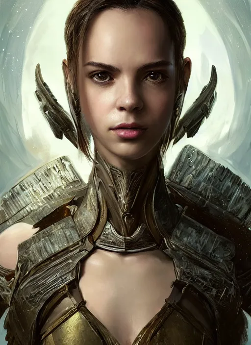 Image similar to a professional portrait of a beautiful young female, clothed in ethereal battle armor, olive skin, long dark hair, beautiful bone structure, symmetrical facial features, intricate, elegant, digital painting, concept art, smooth, sharp focus, finely detailed, illustration, from Valerian and the City of a Thousand Planets, in the style of Ruan Jia and Mandy Jurgens and Artgerm and Greg Rutkowski and William-Adolphe Bouguerea