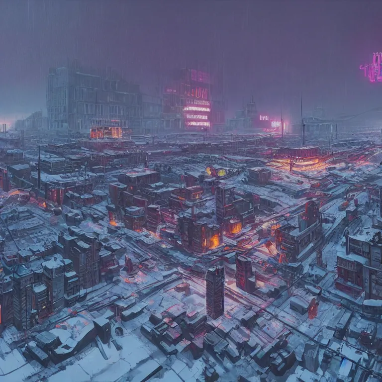 Image similar to cyberpunk depiction of the city of gdansk during arctic conditions by simon stalenhag