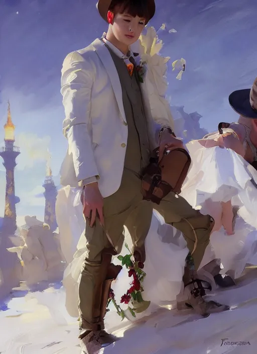 Image similar to jungkook and taehyung of bts getting married in las vegas, jodhpurs hyperborea winter traveler treasure hunter greg manchess painting by sargent and leyendecker, fantasy, medium shot, matte painting, illustration, hearthstone, by rhads, by greg rutkowski, by greg tocchini, by james gilleard, by joe fenton