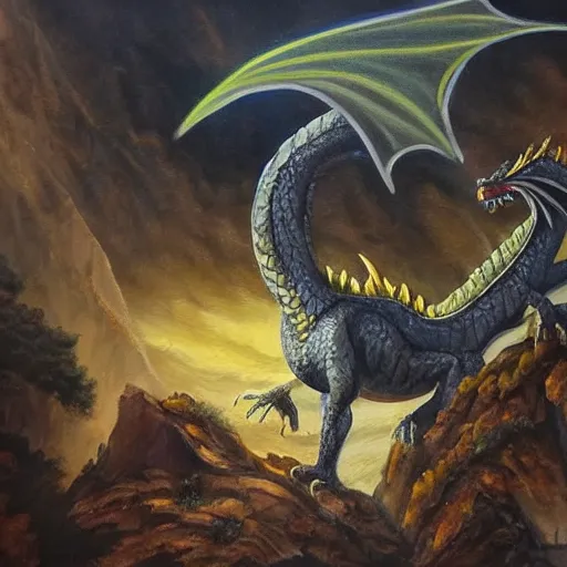 Image similar to beautiful oil painting of a dragon guarding a cave in mountain