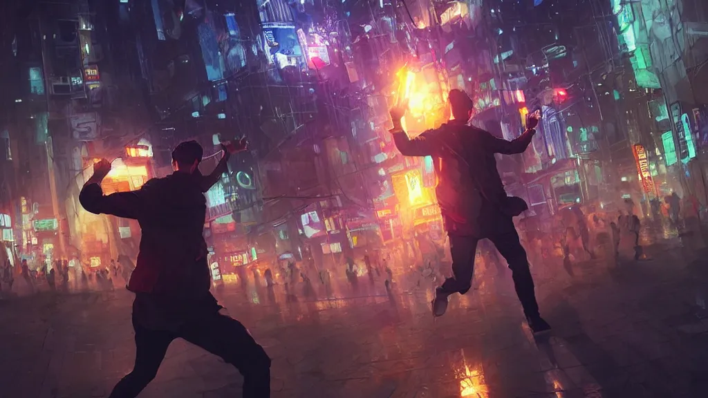 Image similar to angry protester throwing a rock, digital illustration by greg rutkowski, android netrunner, nighttime, cyberpunk city backgrounds, colored lighting