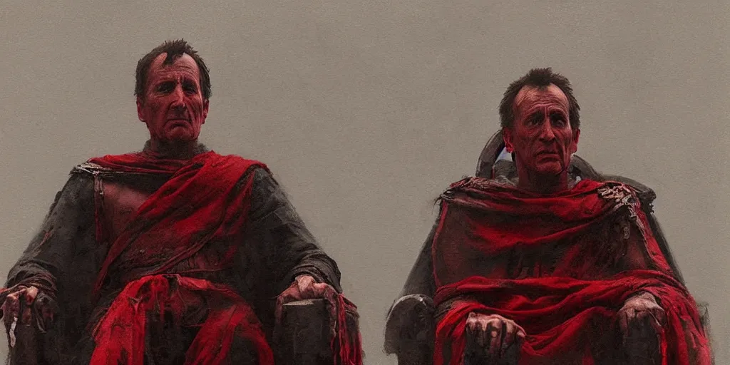 Image similar to the end is near. a tired julius caesar is sitting on his throne. face is highly detailed. splices of red are running down his toga. mist. color scheme red. low angle medium shot. imagined by jeremy lipking