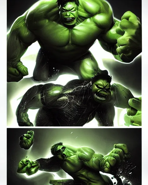 Image similar to hulk symbiote dynamic lighting, fantasy concept art, trending on art station, stunning visuals, creative, cinematic, ultra detailed, comic strip style