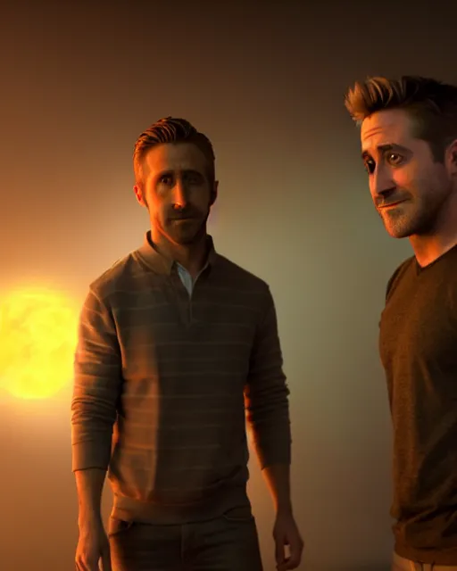 Prompt: movie scene starring ryan gosling and jake gyllenhaal rendered in unreal engine 5, by wlop, greg rutkowski, and peter mohrbacher, octane render, ultra high detail, 3 d, extremely detailed shading, concept art, character design, trending on artstation, atmosphere, glow, cinematic lighting, full of color