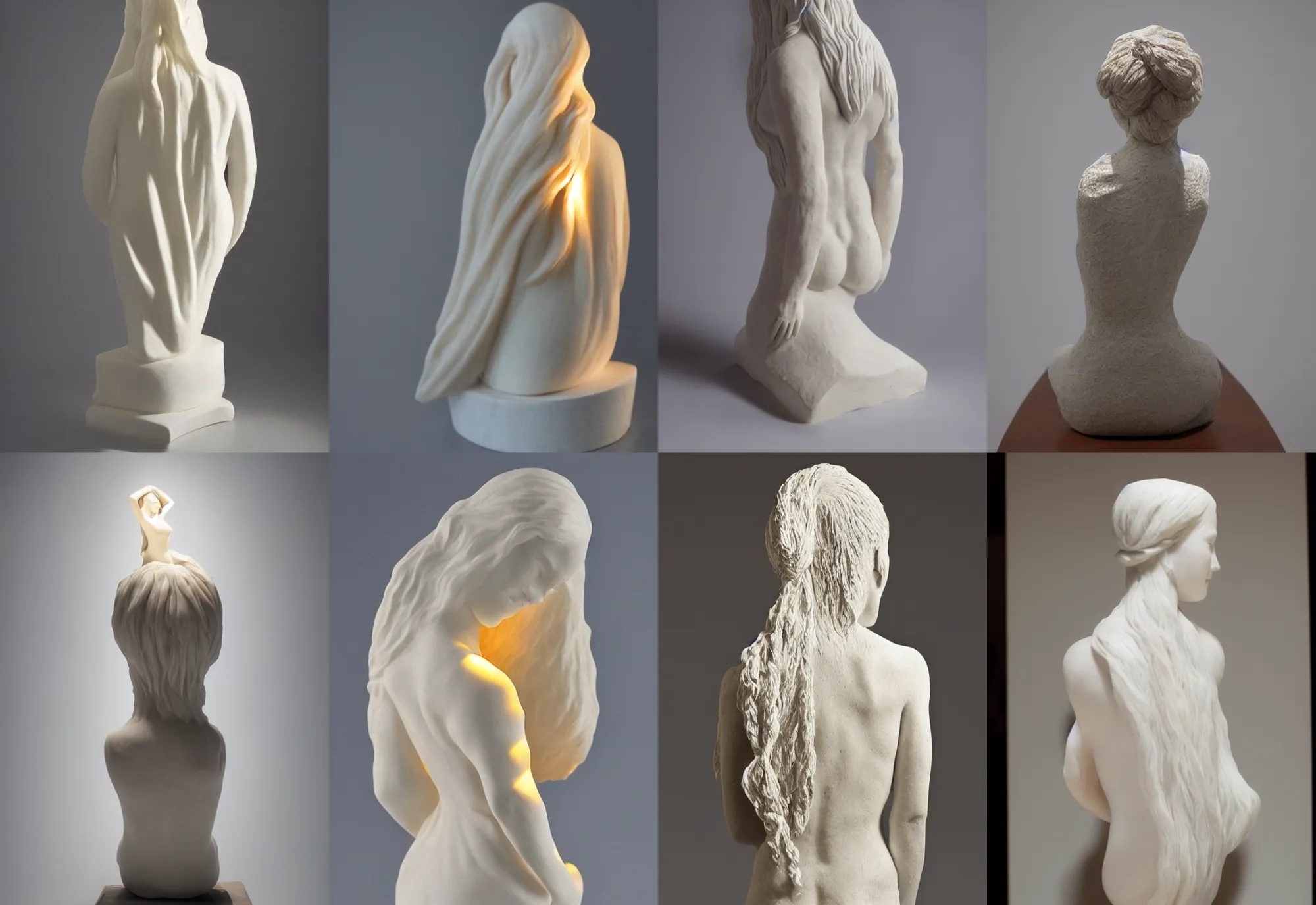 Prompt: sculpture of a woman with long hairs, white barble, back light