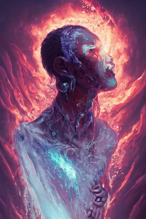 Image similar to the look of a young person, necromancer, witch - doctor covered with ice exploding into fire, full of wrinkles and imperfections, electricity highly detailed, high contrast, light reflection, trippy, nebula, trending on artstation by artgem, by peter mohrbacher, by wlop, by ruan jia