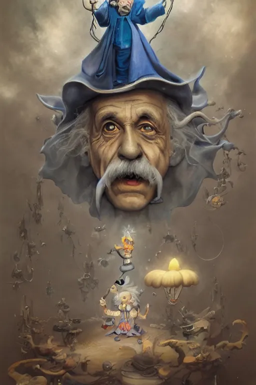 Prompt: spooky painting of albert einstein dressed as a disney genie, sky full of white equations, matte painting by brian froud, shaun tan, wlo and peter mohrbacher, highly detailed, intricate,, award winning artwork, trending on artstation, high quality printing, fine art